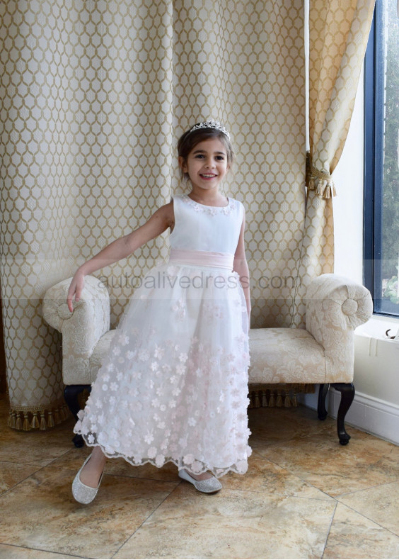 Blush Pink 3D Floral Petal Satin Flower Girl Dress